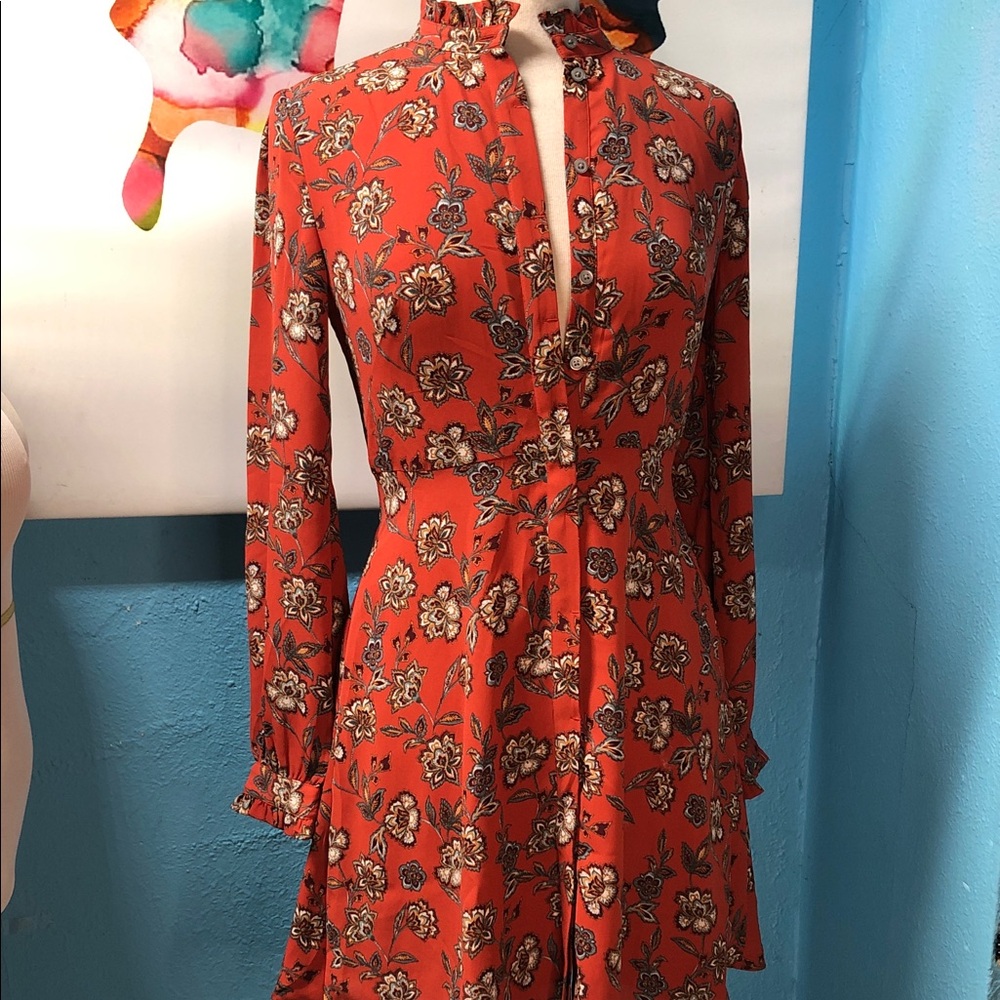 LOFT Red Floral Long Sleeve Dress